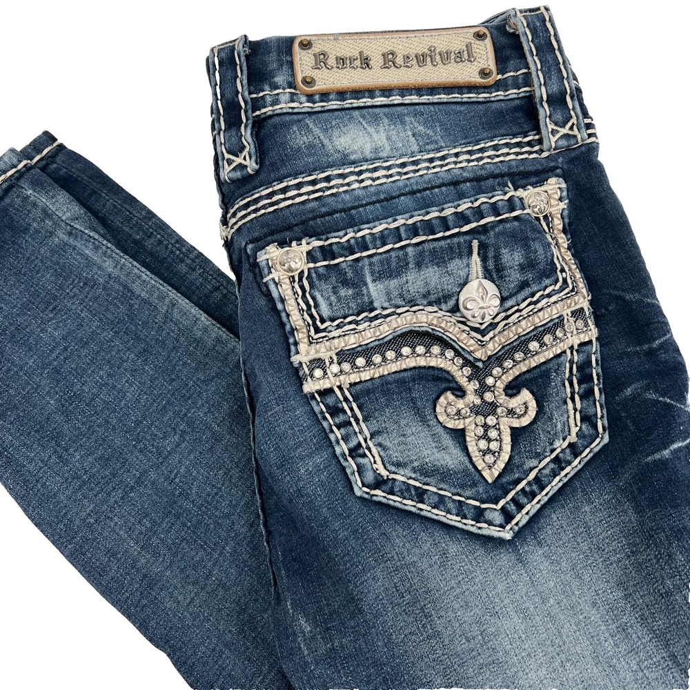 ROCK REVIVAL Womens 27 (x33) Janelle Skinny Dark-Wash Low-Rise Embellished Jeans
